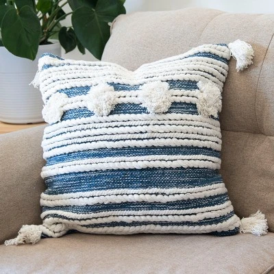 Blue And White Hand Woven 20 X 20 Inch Decorative Cotton Throw Pillow Cover With Insert And Hand Tied Braiding, Pom-Poms And Tassels - Foreside Home & 3 Blue And White Hand Woven 20 X 20 Inch Decorative Cotton Throw Pillow Cover With Insert And Hand Tied Braiding, Pom-Poms And Tassels - Foreside Home &