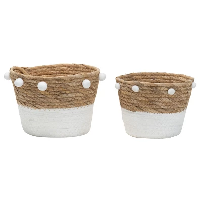 Set Of 2 Natural Cattail Decorative Storage Baskets With Pom Poms - Foreside Home & Garden 8 Set Of 2 Natural Cattail Decorative Storage Baskets With Pom Poms - Foreside Home & Garden - Image 6