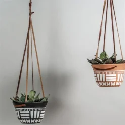 Natural Terracotta With Hand Painted Pattern And Faux Leather Straps Hanging Planter - Foreside Home & Garden