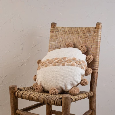 Tan With Pom Poms 16X16 Hand Woven Filled Round Pillow - Foreside Home & Garden