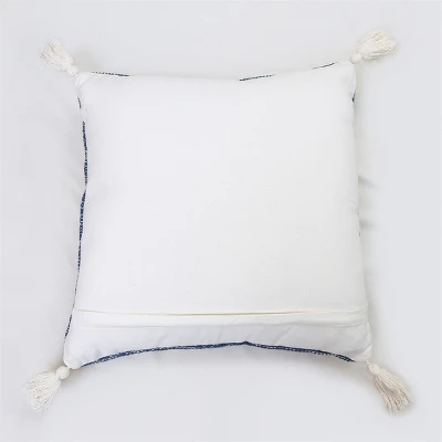 Blue And White Hand Woven 20 X 20 Inch Decorative Cotton Throw Pillow Cover With Insert And Hand Tied Braiding, Pom-Poms And Tassels - Foreside Home & 4 Blue And White Hand Woven 20 X 20 Inch Decorative Cotton Throw Pillow Cover With Insert And Hand Tied Braiding, Pom-Poms And Tassels - Foreside Home & - Image 2