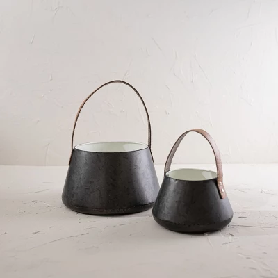 Set Of 2 Handled Baskets Metal & Faux Leather - Foreside Home & Garden 3 Set Of 2 Handled Baskets Metal & Faux Leather - Foreside Home & Garden