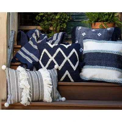 Blue Striped Hand Woven 14x22" Outdoor Decorative Throw Pillow With Hand Tied Tassels And Pom Poms - Foreside Home & Garden 5 Blue Striped Hand Woven 14x22" Outdoor Decorative Throw Pillow With Hand Tied Tassels And Pom Poms - Foreside Home & Garden - Image 3