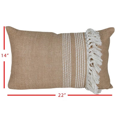 Tan & White Fringed 14X22 Hand Woven Filled Pillow - Foreside Home & Garden 6 Tan & White Fringed 14X22 Hand Woven Filled Pillow - Foreside Home & Garden - Image 4