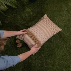 Tan Pulled Knot 14X22 Hand Woven Filled Outdoor Pillow - Foreside Home & Garden