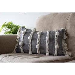 Gray Striped Hand Woven 14x22" Cotton Decorative Throw Pillow With Hand Tied Fringe And Pom Poms - Foreside Home & Garden -Eco Haven Store GUEST 587d3725 4f6e 4554 b89c 6e26fb7e9993