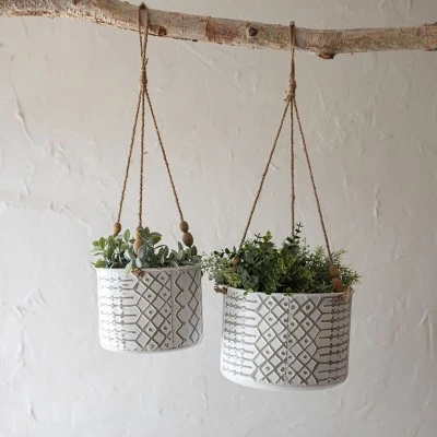Large Multi Pattern Metal, Jute & Wood Hanging Planter - Foreside Home & Garden 7 Large Multi Pattern Metal, Jute & Wood Hanging Planter - Foreside Home & Garden - Image 5