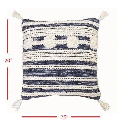 Blue And White Hand Woven 20 X 20 Inch Decorative Cotton Throw Pillow Cover With Insert And Hand Tied Braiding, Pom-Poms And Tassels - Foreside Home & 5 Blue And White Hand Woven 20 X 20 Inch Decorative Cotton Throw Pillow Cover With Insert And Hand Tied Braiding, Pom-Poms And Tassels - Foreside Home & - Image 3