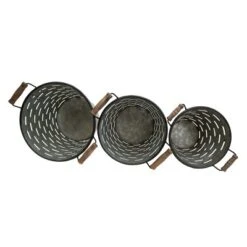 Set Of 3 Galvanized Metal & Wood Baskets - Foreside Home & Garden