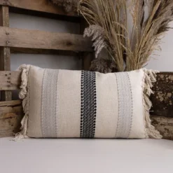 14X22 Inch Hand Woven Stripe Pillow Gray Cotton With Polyester Fill By Foreside Home & Garden