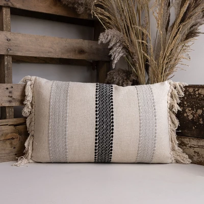 14X22 Inch Hand Woven Stripe Pillow Gray Cotton With Polyester Fill By Foreside Home & Garden 3 14X22 Inch Hand Woven Stripe Pillow Gray Cotton With Polyester Fill By Foreside Home & Garden