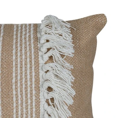Tan & White Fringed 14X22 Hand Woven Filled Pillow - Foreside Home & Garden 4 Tan & White Fringed 14X22 Hand Woven Filled Pillow - Foreside Home & Garden - Image 2