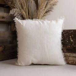 18X18 Inch Hand Woven Fringe Pillow White Cotton & Linen With Polyester Fill By Foreside Home & Garden