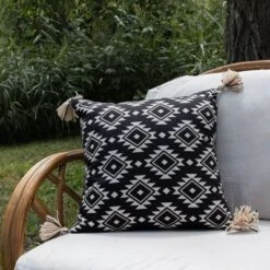 18X18 Inch Hand Woven Southwest Geo Outdoor Pillow Black Polyester With Polyester Fill By Foreside Home & Garden