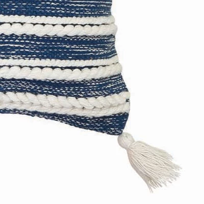 Blue And White Hand Woven 20 X 20 Inch Decorative Cotton Throw Pillow Cover With Insert And Hand Tied Braiding, Pom-Poms And Tassels - Foreside Home & 7 Blue And White Hand Woven 20 X 20 Inch Decorative Cotton Throw Pillow Cover With Insert And Hand Tied Braiding, Pom-Poms And Tassels - Foreside Home & - Image 5