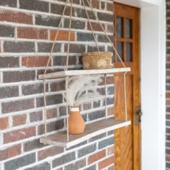 Natural Wood & Jute Distressed Hanging Wall Shelf - Foreside Home & Garden