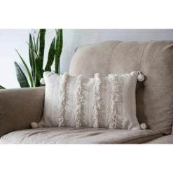 White Striped Hand Woven 14x22" Cotton Decorative Throw Pillow With Hand Tied Fringe And Pom Poms - Foreside Home & Garden -Eco Haven Store GUEST a4b8af8c 9ca1 4f92 9ca7 213a093f3863