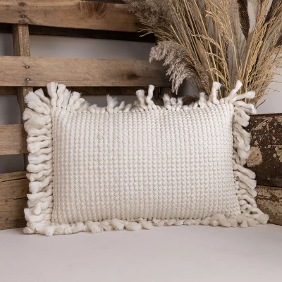 14X22 Inch Hand Woven Yarn Tassel Pillow White Cotton & Acrylic With Polyester Fill By Foreside Home & Garden 3 14X22 Inch Hand Woven Yarn Tassel Pillow White Cotton & Acrylic With Polyester Fill By Foreside Home & Garden