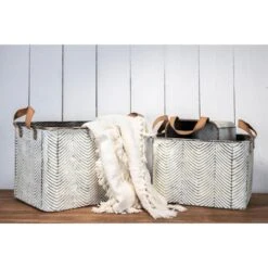 Set Of 3 Rustic Whitewashed Pattern Galvanized Metal Decorative Storage Bins With Faux Leather Handles - Foreside Home And Garden -Eco Haven Store GUEST b489611e 0865 42d1 8d48 7c4f12fe3afb
