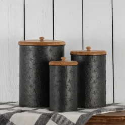 Set Of 3 Black Embossed Galvanized Metal Decorative Storage Canisters - Foreside Home & Garden -Eco Haven Store GUEST c3c22df3 87ed 4e5d a912 95d4305eef92