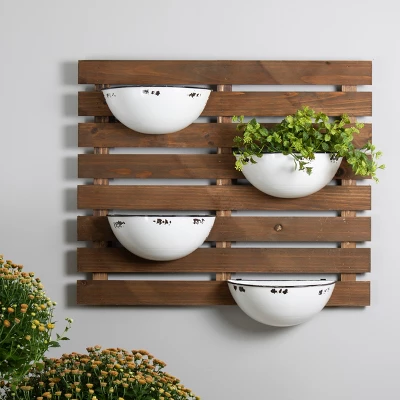 Rustic Slat Wood Wall Planter With Four Distressed White Enamel Pots - Foreside Home & Garden 6 Rustic Slat Wood Wall Planter With Four Distressed White Enamel Pots - Foreside Home & Garden - Image 5