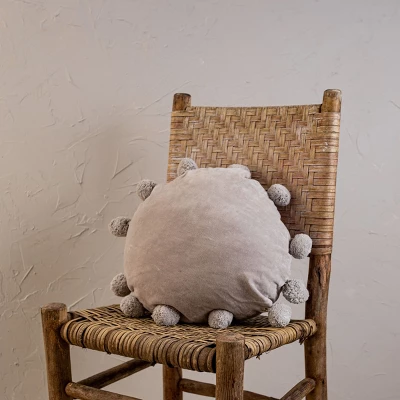 Gray With Pom Poms 16X16 Hand Woven Filled Round Pillow - Foreside Home & Garden 3 Gray With Pom Poms 16X16 Hand Woven Filled Round Pillow - Foreside Home & Garden