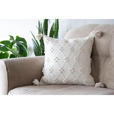 White Diamond Pattern Hand Woven 18x18" Cotton Decorative Throw Pillow With Hand Tied Tassels - Foreside Home & Garden 6 White Diamond Pattern Hand Woven 18x18" Cotton Decorative Throw Pillow With Hand Tied Tassels - Foreside Home & Garden - Image 4