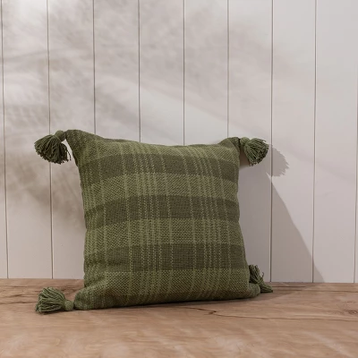 Green Plaid 18X18 Hand Woven Filled Pillow - Foreside Home & Garden 3 Green Plaid 18X18 Hand Woven Filled Pillow - Foreside Home & Garden