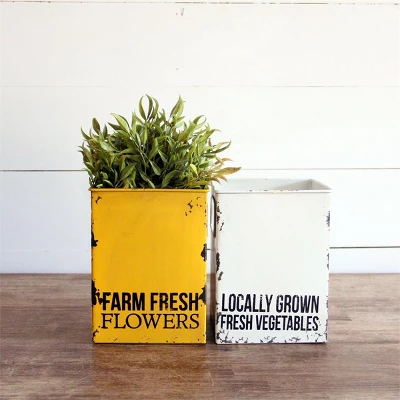 Distressed Yellow "Farm Fresh" Decorative Metal Planter Storage Tin - Foreside Home & Garden 4 Distressed Yellow "Farm Fresh" Decorative Metal Planter Storage Tin - Foreside Home & Garden - Image 2