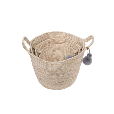 Set Of 3 Natural Corn Husk Decorative Storage Baskets With Hand Tied Pom Poms - Foreside Home & Garden 3 Set Of 3 Natural Corn Husk Decorative Storage Baskets With Hand Tied Pom Poms - Foreside Home & Garden