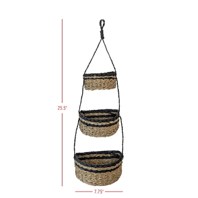 3-Tiered Hanging Basket Black Seagrass & Rope By Foreside Home & Garden 8 3-Tiered Hanging Basket Black Seagrass & Rope By Foreside Home & Garden - Image 7