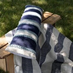 12X46 Inch Hand Woven Navy, Light Blue & White Striped Outdoor Pillow Polyester With Polyester Fill By Foreside Home & Garden
