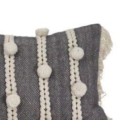 Gray Striped Hand Woven 14x22" Cotton Decorative Throw Pillow With Hand Tied Fringe And Pom Poms - Foreside Home & Garden