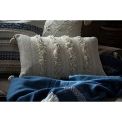 White Striped Hand Woven 14x22" Cotton Decorative Throw Pillow With Hand Tied Fringe And Pom Poms - Foreside Home & Garden -Eco Haven Store GUEST ef3f5e3d 4974 40ac 8dee eb4e82dd9b18