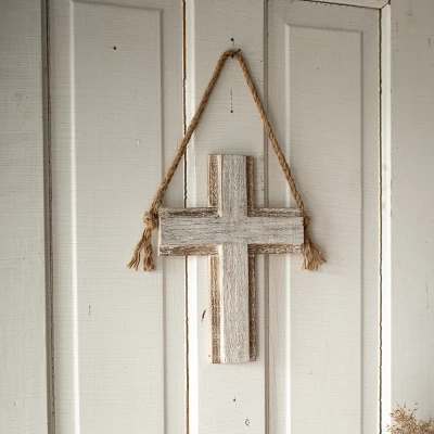 White-washed Cross Hanging Accent Wood & Rope - Foreside Home & Garden 3 White-washed Cross Hanging Accent Wood & Rope - Foreside Home & Garden