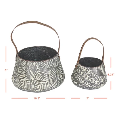 Set Of 2 Rustic Whitewashed Pattern Galvanized Metal Decorative Storage Baskets With Faux Leather Handles - Foreside Home And Garden 10 Set Of 2 Rustic Whitewashed Pattern Galvanized Metal Decorative Storage Baskets With Faux Leather Handles - Foreside Home And Garden - Image 8