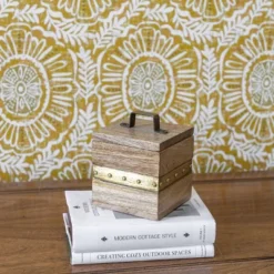 Trinket Box With Lid Wood & Brass Metal Handle By Foreside Home & Garden