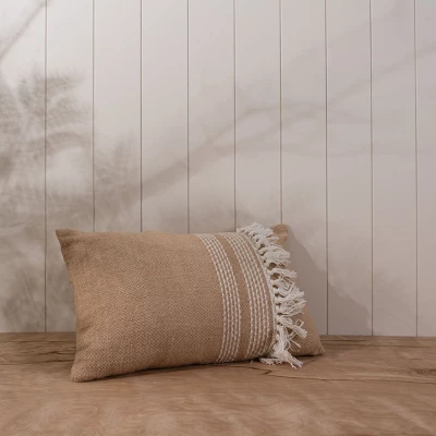 Tan & White Fringed 14X22 Hand Woven Filled Pillow - Foreside Home & Garden 3 Tan & White Fringed 14X22 Hand Woven Filled Pillow - Foreside Home & Garden