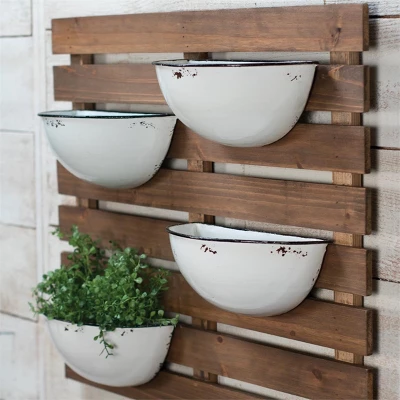 Rustic Slat Wood Wall Planter With Four Distressed White Enamel Pots - Foreside Home & Garden 2 Rustic Slat Wood Wall Planter With Four Distressed White Enamel Pots - Foreside Home & Garden